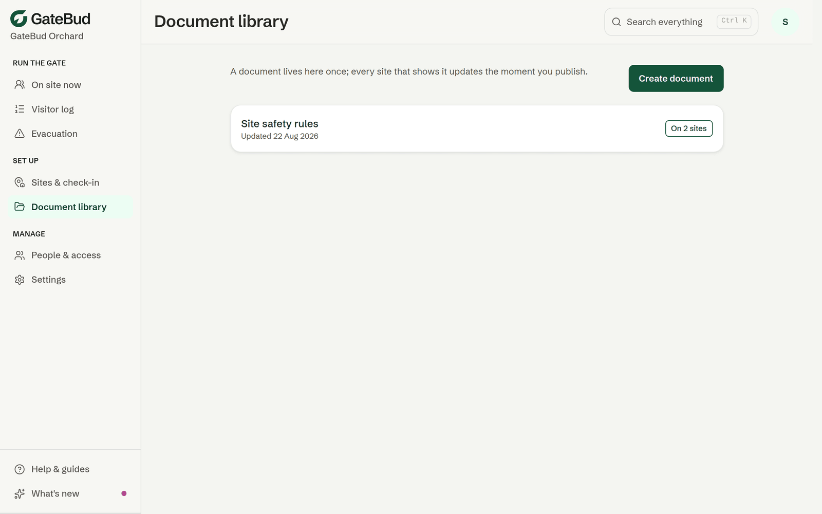 The Document library, showing a published document and where it is used