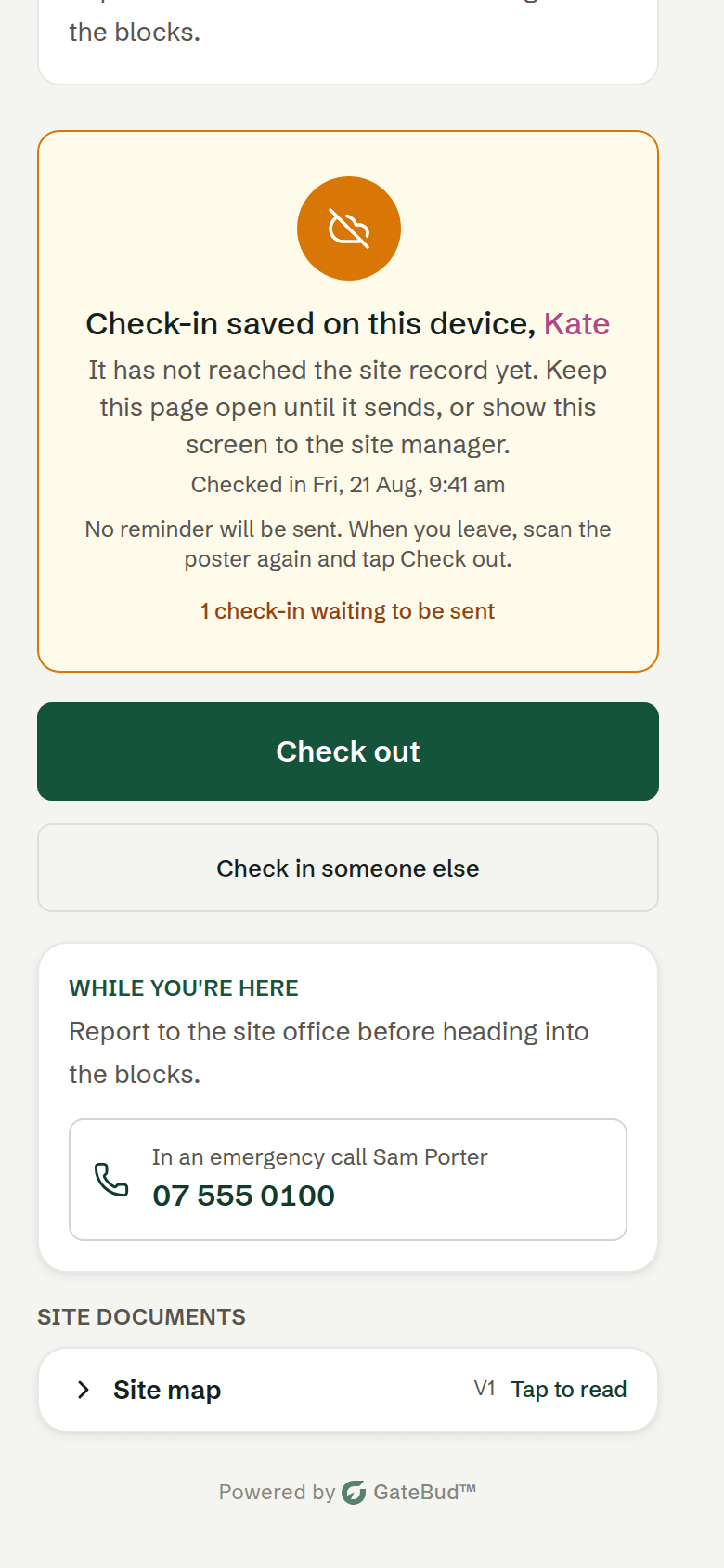 The amber saved-on-this-device screen a visitor sees with no signal