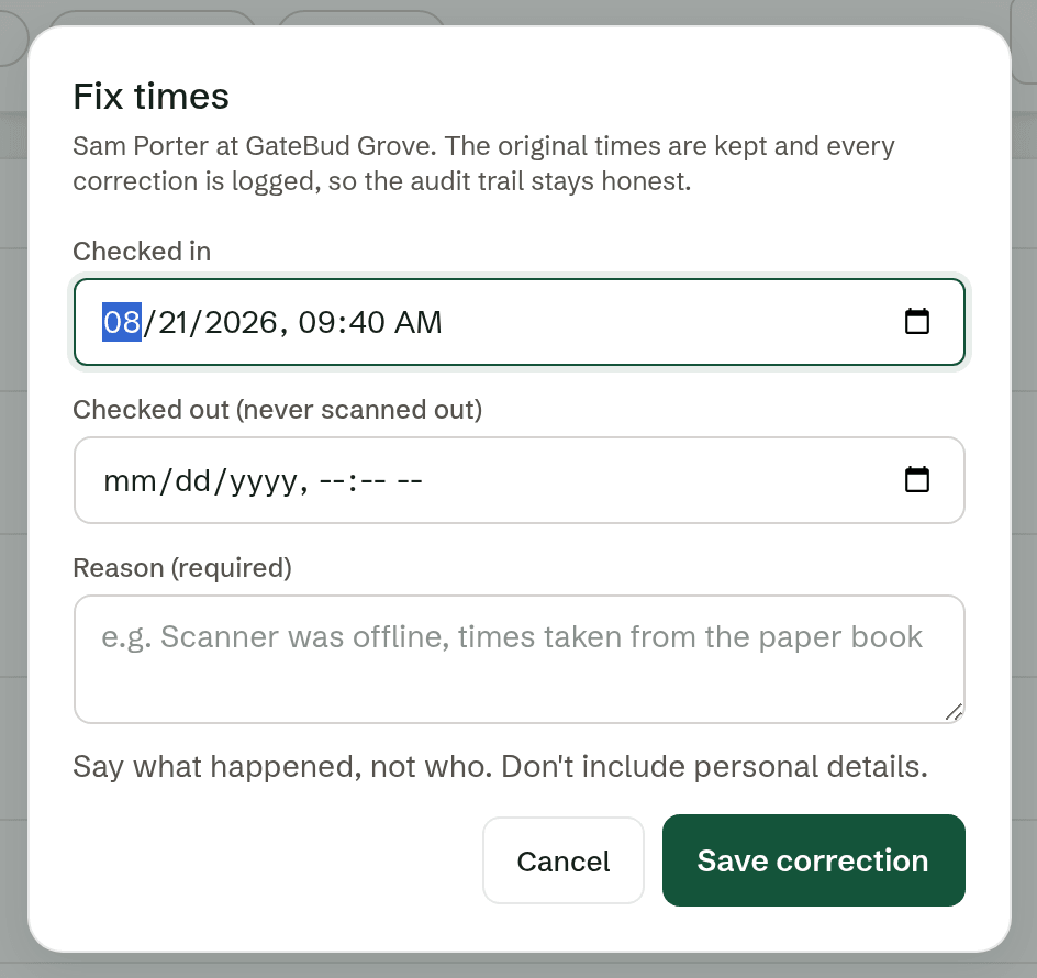 The Fix times window, with the times and the required reason