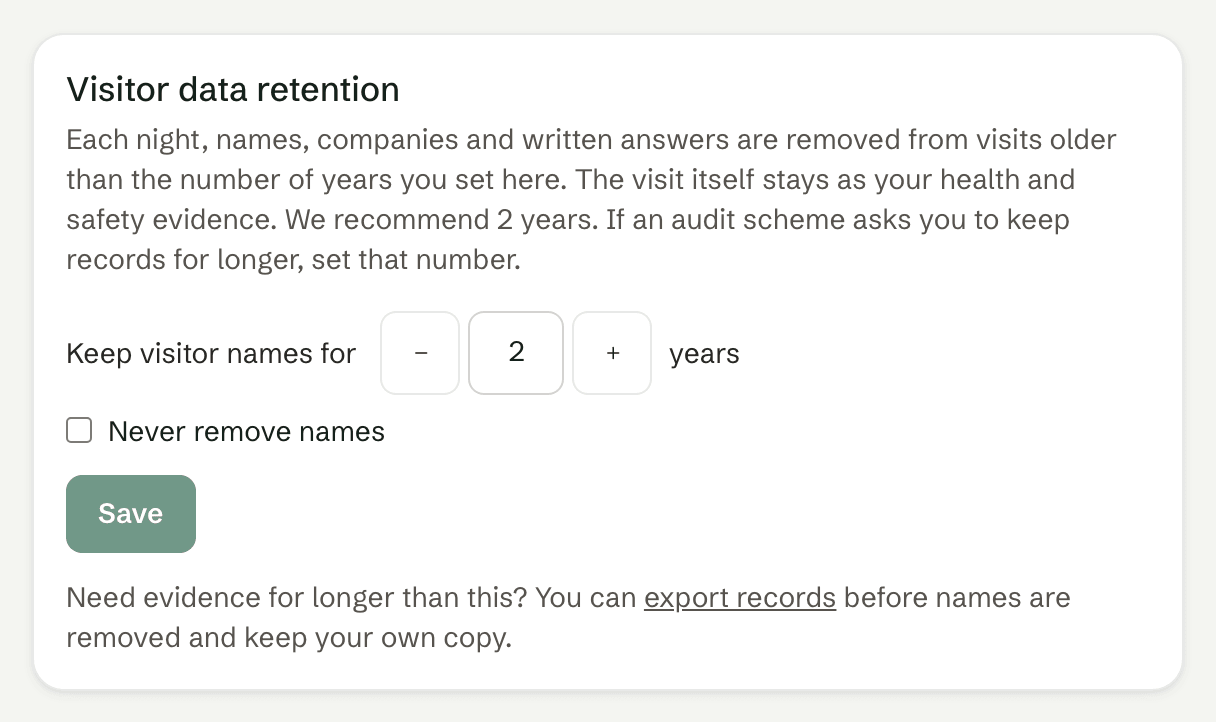 The Visitor data retention setting, set to 2 years