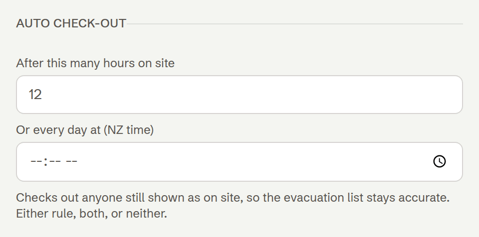 The Auto check-out setting: after this many hours on site, or every day at a set time
