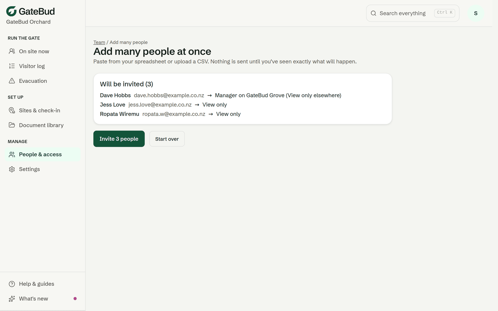 The import preview, showing who will be invited and what needs fixing